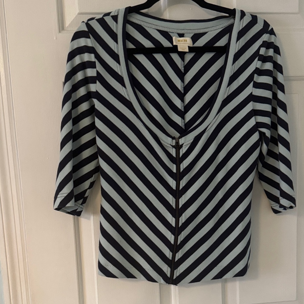 Anthropology Maeve Diagonal Striped Navy and Light Blue zippered Top